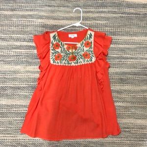 Coral Ruffle Sleeve Top with Floral Neckline